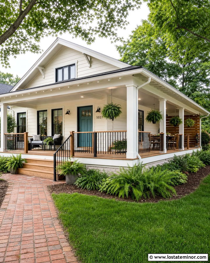 White Bungalow With Wraparound Deck - 30 White House Design With Deck Ideas