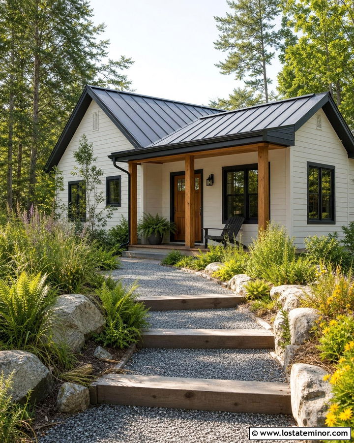 White Cabin With Timber And Gravel Walkway - 30 White House Design With Walkway Ideas