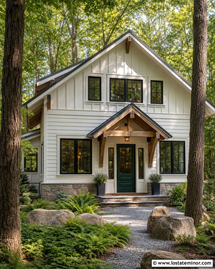 White Cabin With Timber Entry Awning - 30 White House Design With Awning Ideas