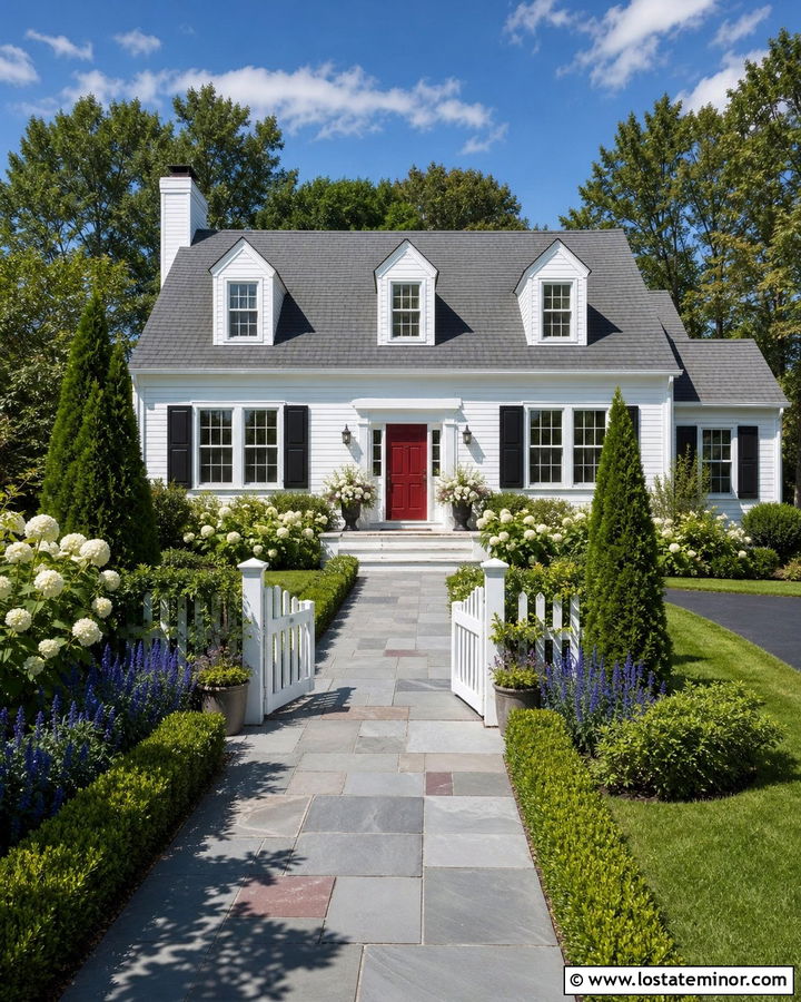 White Cape Cod House With Boxwood Borders - 30 White House Design With Front Yard Ideas