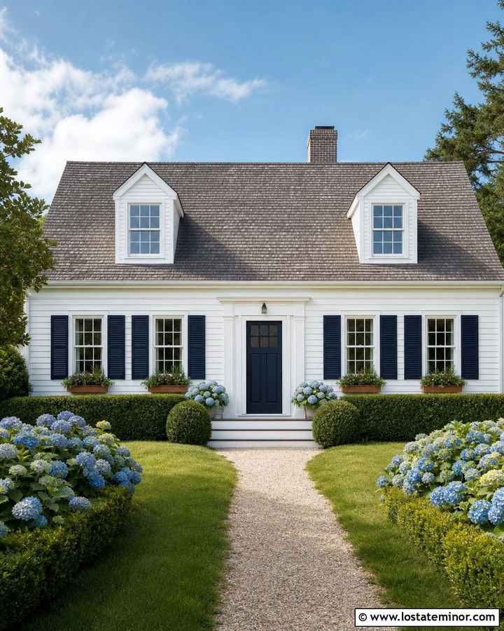 White Cape Cod House With Navy Blue Shutters - 30 White House Design With Shutters Ideas