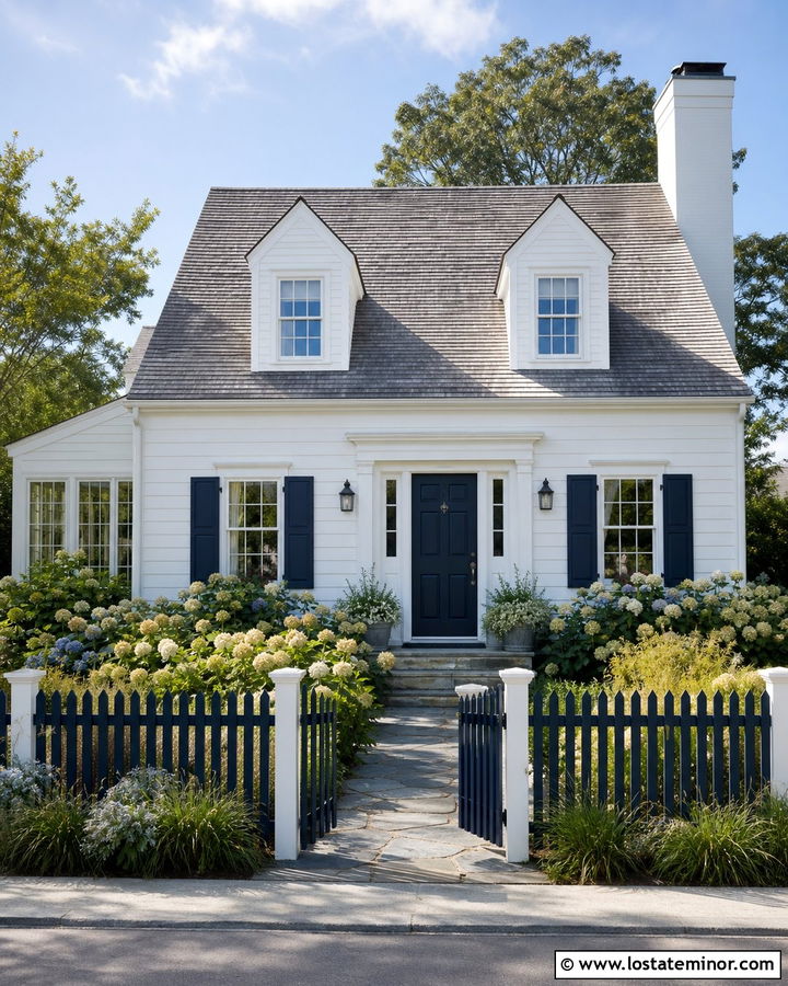 White Cape Cod House With Navy Fence - 30 White House Design With Fence Ideas