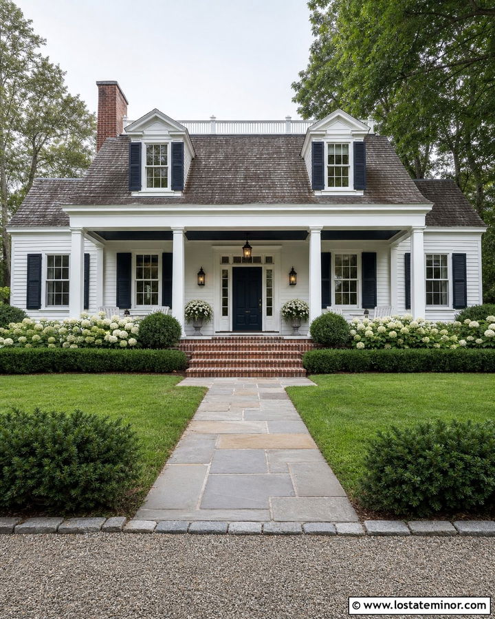 White Cape Cod House With Navy Porch Ceiling - 30 White House Design With Porch Ceiling Ideas