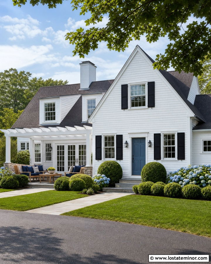White Cape Cod House With Patio Pergola - 30 White House Design With Pergola Ideas