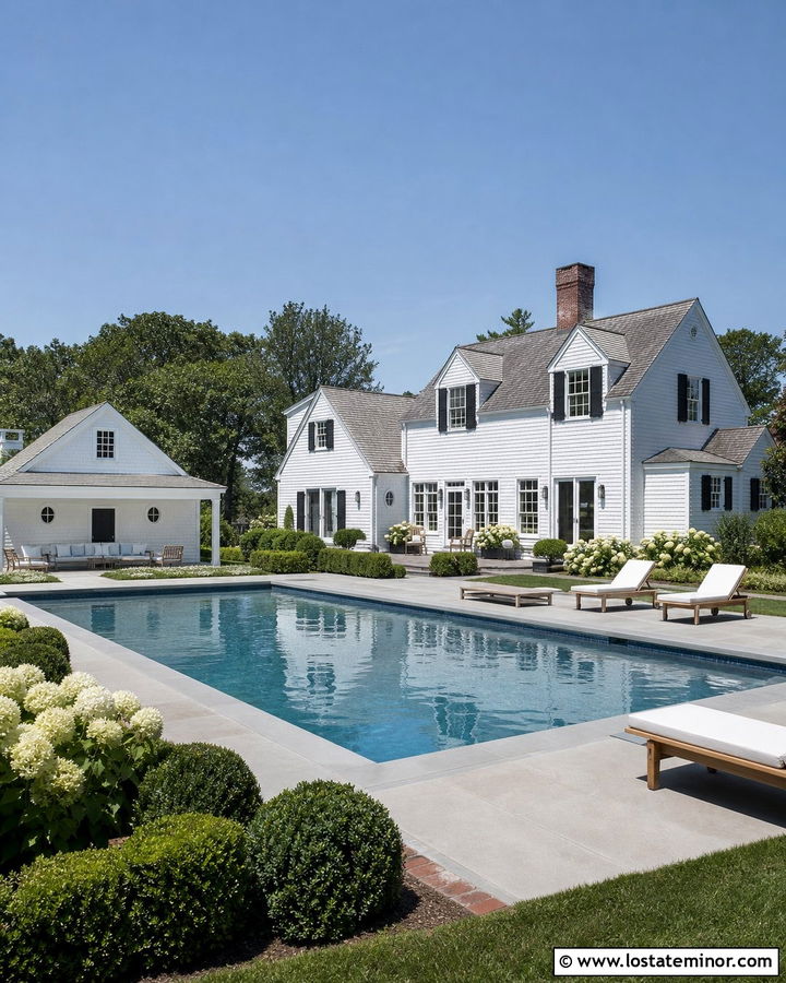 White Cape Cod House With Swimming Pool And Cabana - 30 White House Design With Swimming Pool Ideas