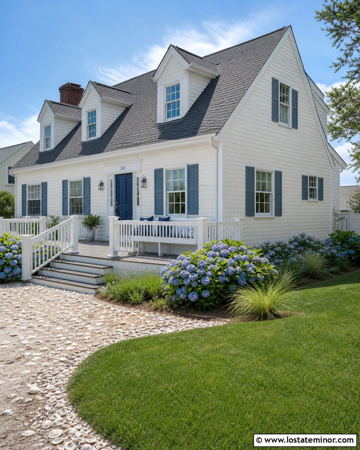 White Cape Cod House With Weathered Wood Deck - 30 White House Design With Deck Ideas