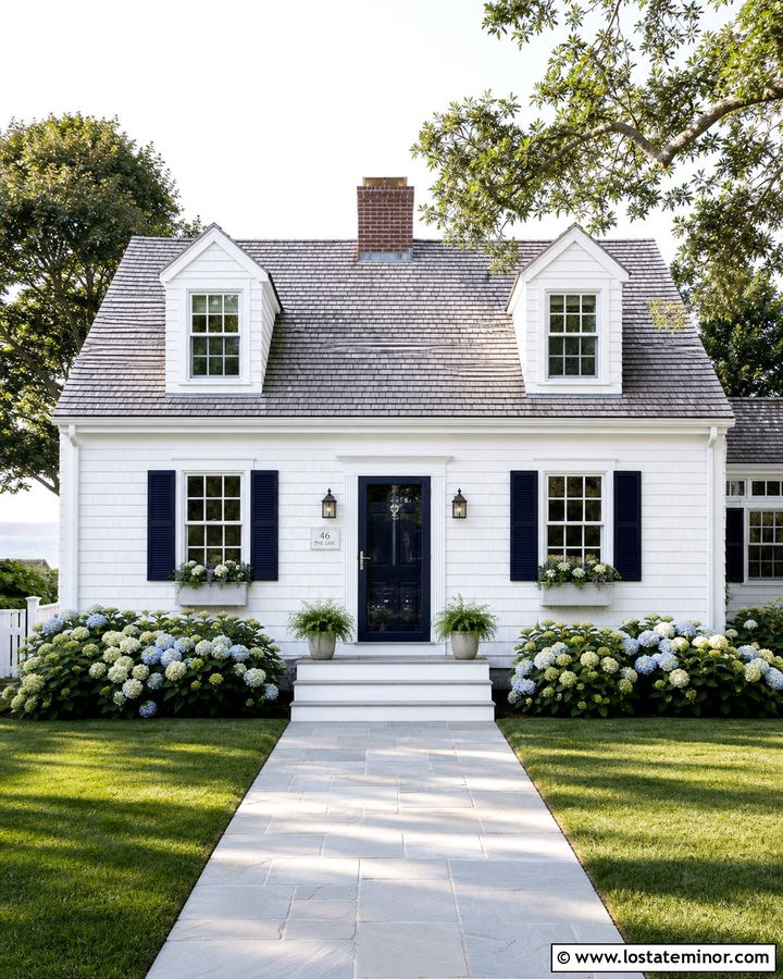 White Cape Cod With Navy Storm Door - 30 White House Design With Storm Door Ideas