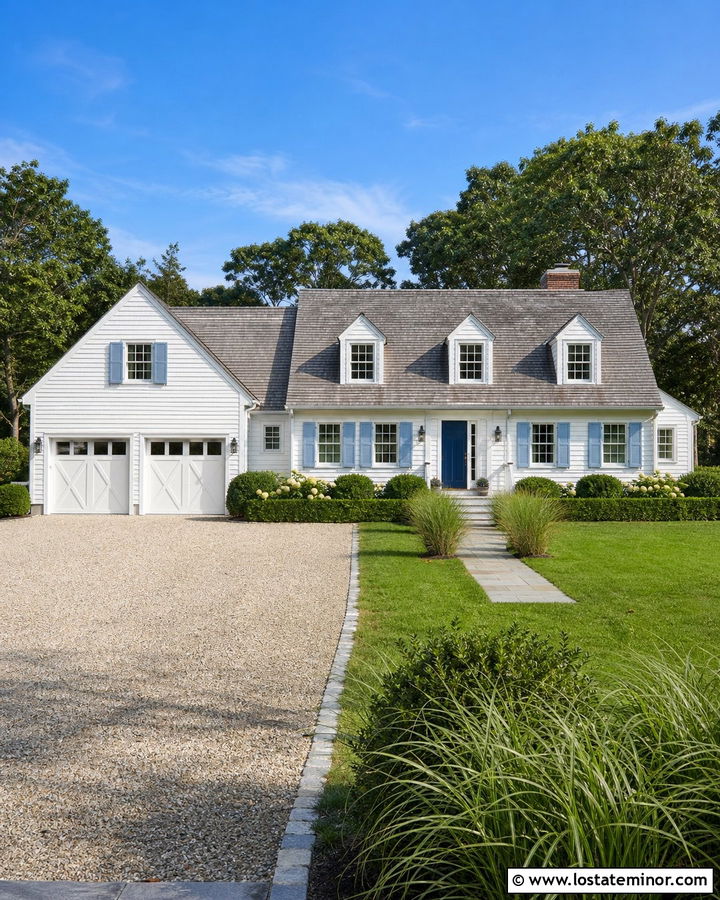 White Cape Cod With Pea Gravel Driveway - 30 White House Design With Driveway Ideas