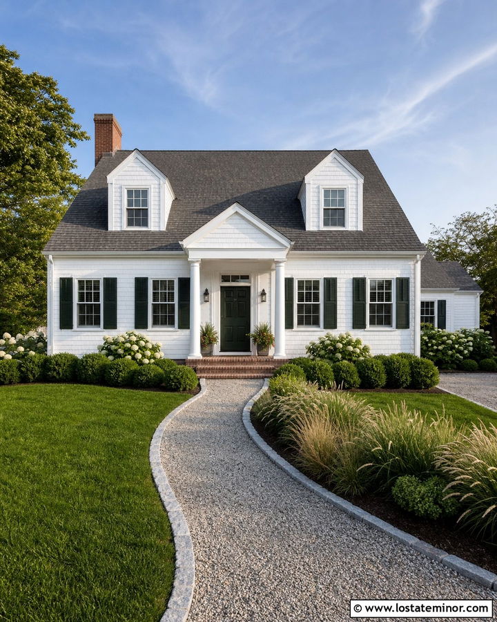 White Cape Cod With Pea Gravel Walkway - 30 White House Design With Walkway Ideas