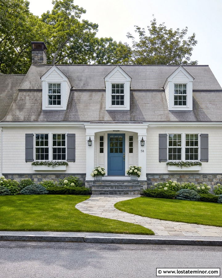 White Cape Cod With Stone Walkway And Foundation - 30 White House Design With Stone Accents Ideas