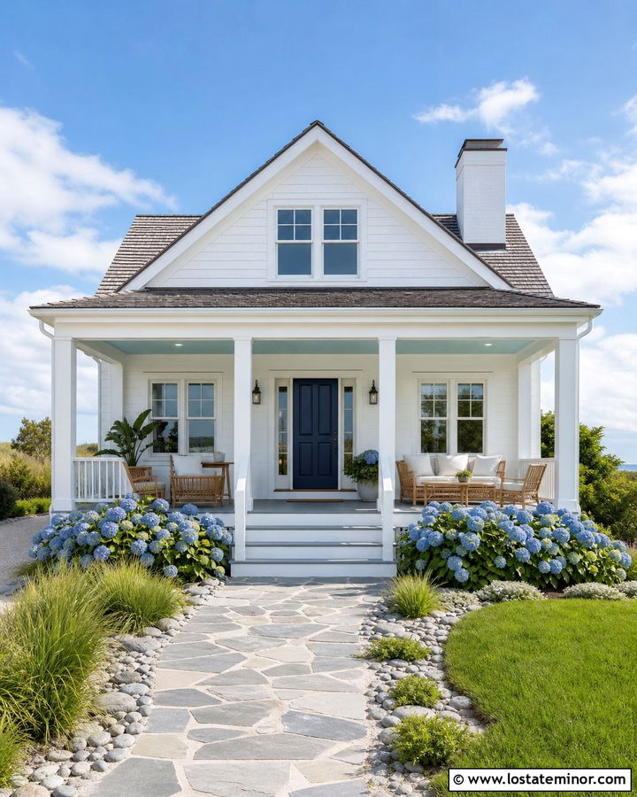 White Coastal Cottage With Aqua Porch Ceiling - 30 White House Design With Porch Ceiling Ideas