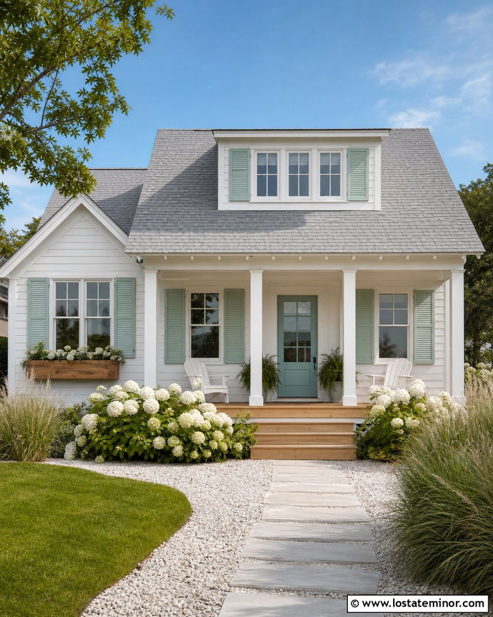 White Coastal Cottage With Seafoam Shutters - 30 White House Design With Shutters Ideas