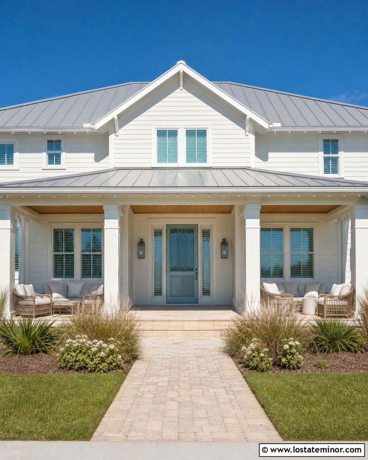 White Coastal House With Aqua Screen Door - 30 White House Design With Screen Door Ideas