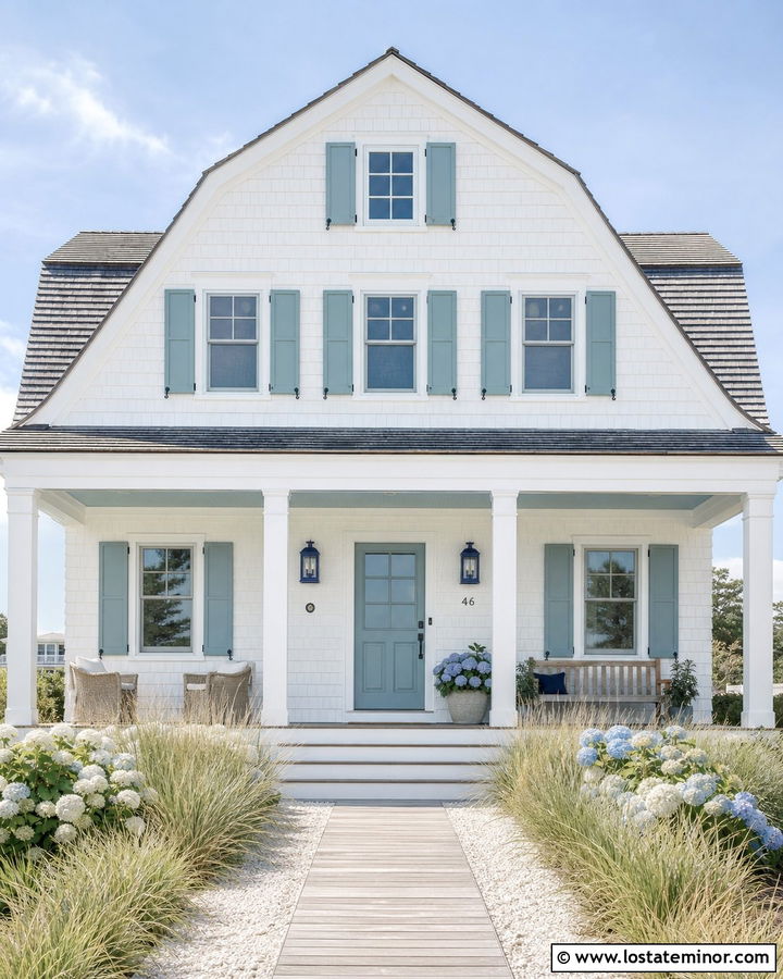 White Coastal House With Aqua Trim - 30 White House Design With Trim Ideas