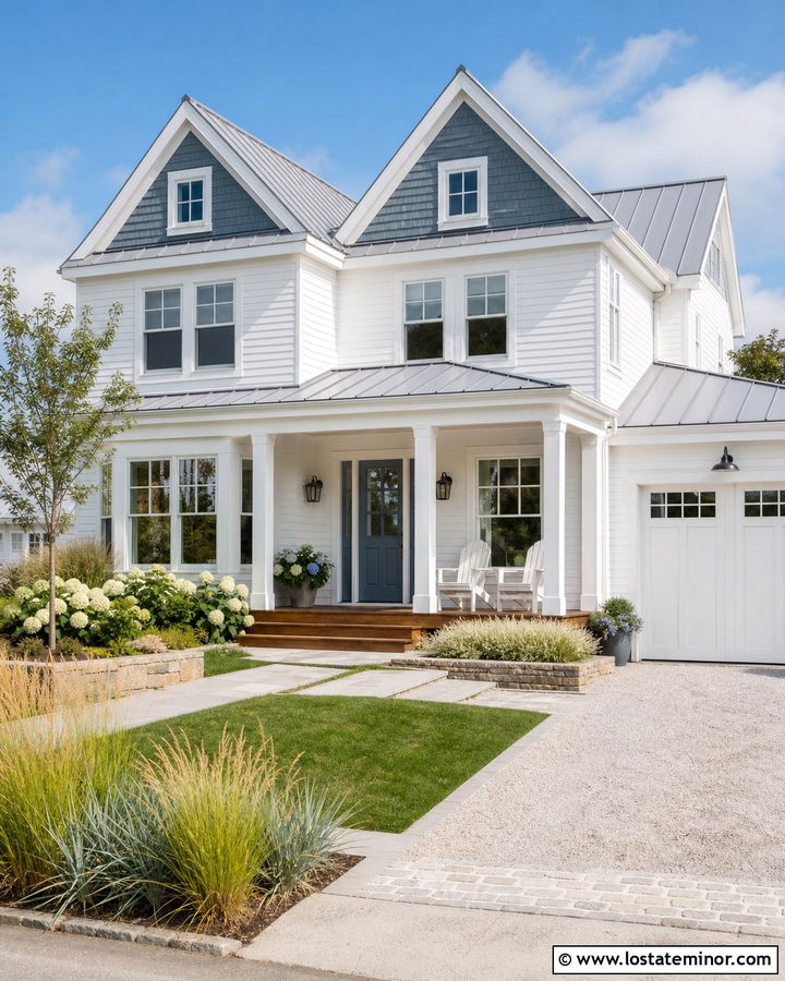 White Coastal House With Blue Gables - 30 White House Design With Gables Ideas