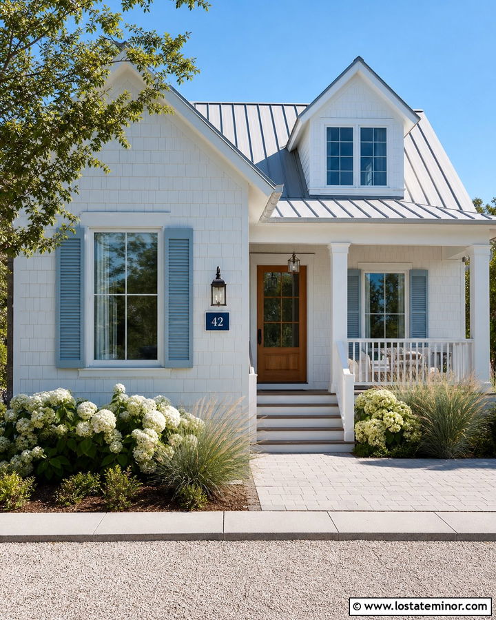 White Coastal House With Blue House Number Sign - 30 White House Design With House Numbers Ideas
