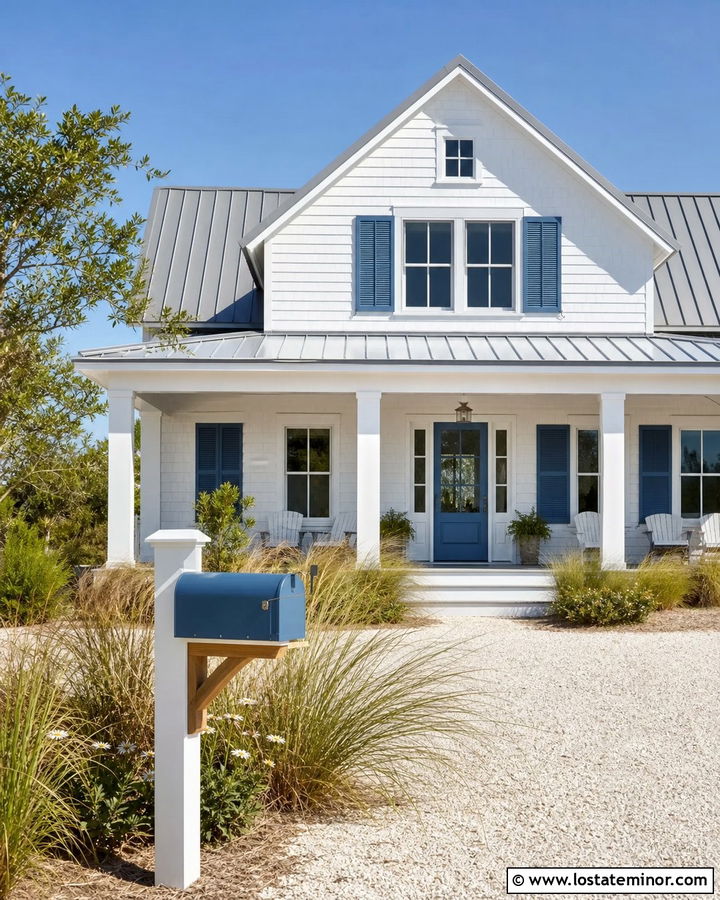 White Coastal House With Blue Mailbox - 30 White House Design With Mailbox Ideas