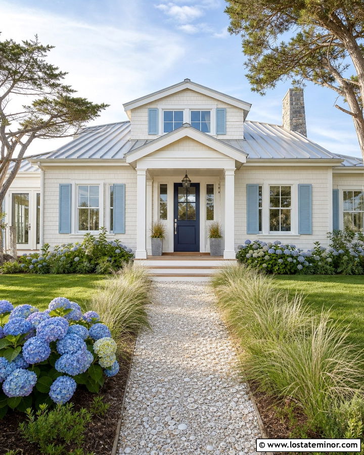 White Coastal House With Blue Shutters And Portico - 30 White House Design With Portico Ideas