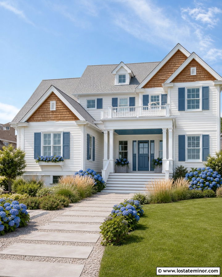 White Coastal House With French Blue Shutters - 30 White House Design With Shutters Ideas