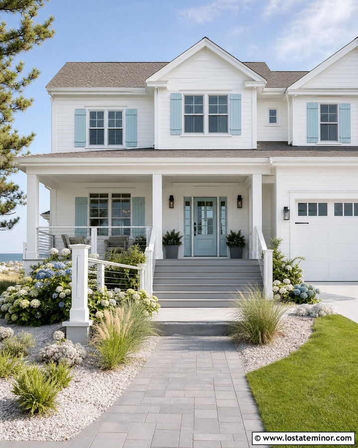 White Coastal House With Gray Steps - 30 White House Design With Steps Ideas