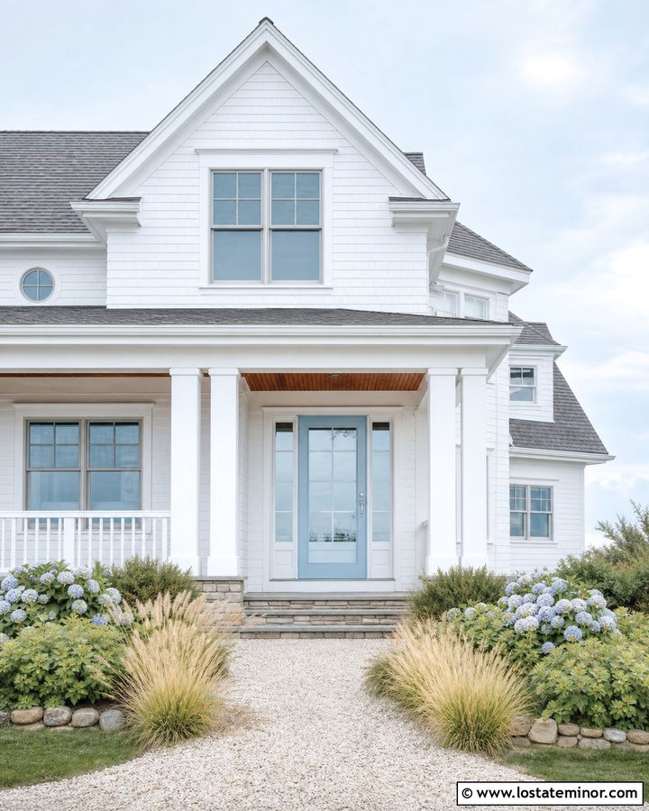 White Coastal House With Light Blue Storm Door - 30 White House Design With Storm Door Ideas