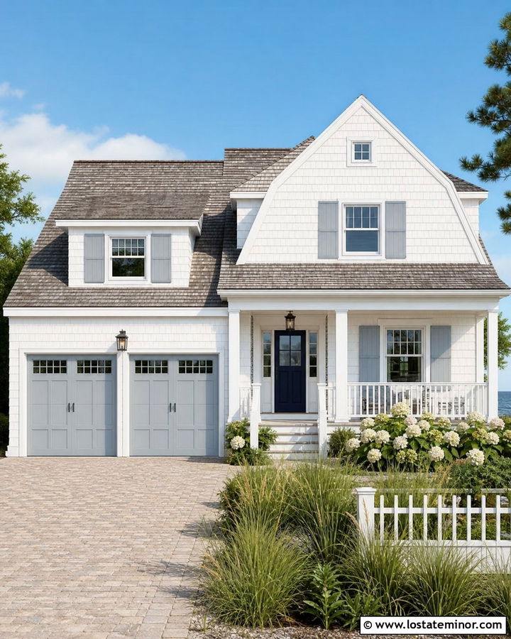 White Coastal House With Light Gray Garage Doors - 30 White House Design With Garage Door Ideas