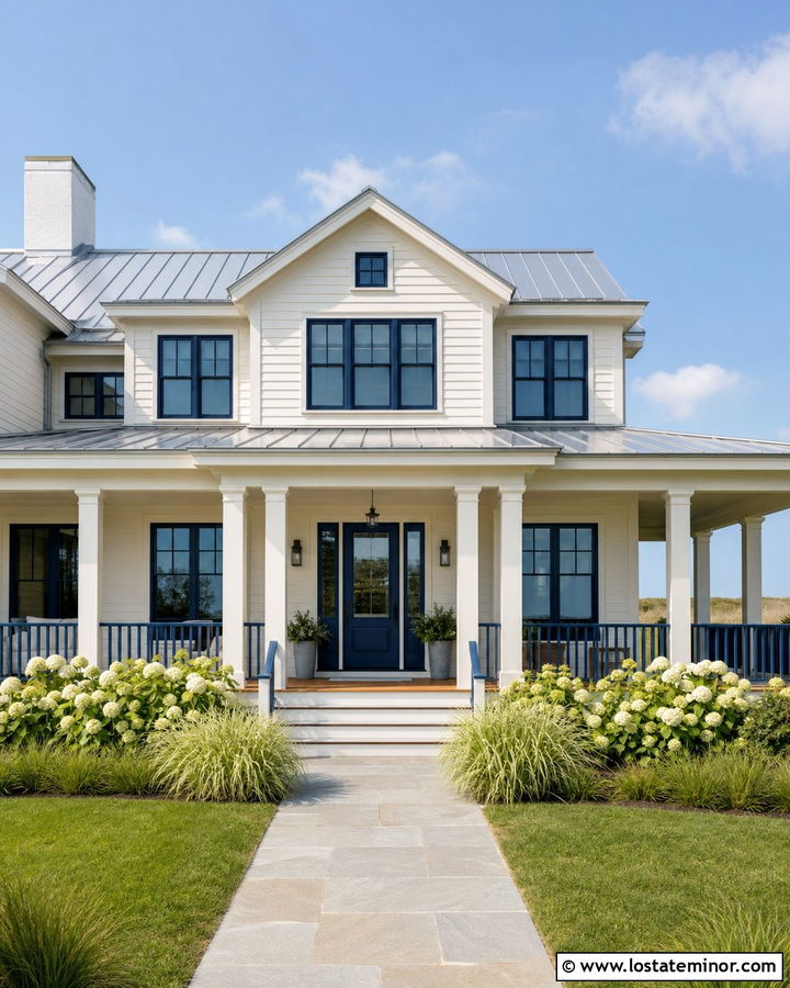 White Coastal House With Navy Window Frames - 30 White House Design With Window Frames Ideas