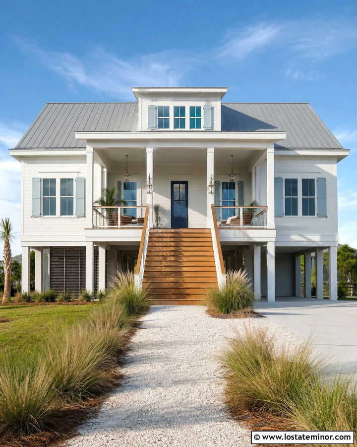 White Coastal House With Nickel Lighting - 30 White House Design With Lighting Ideas