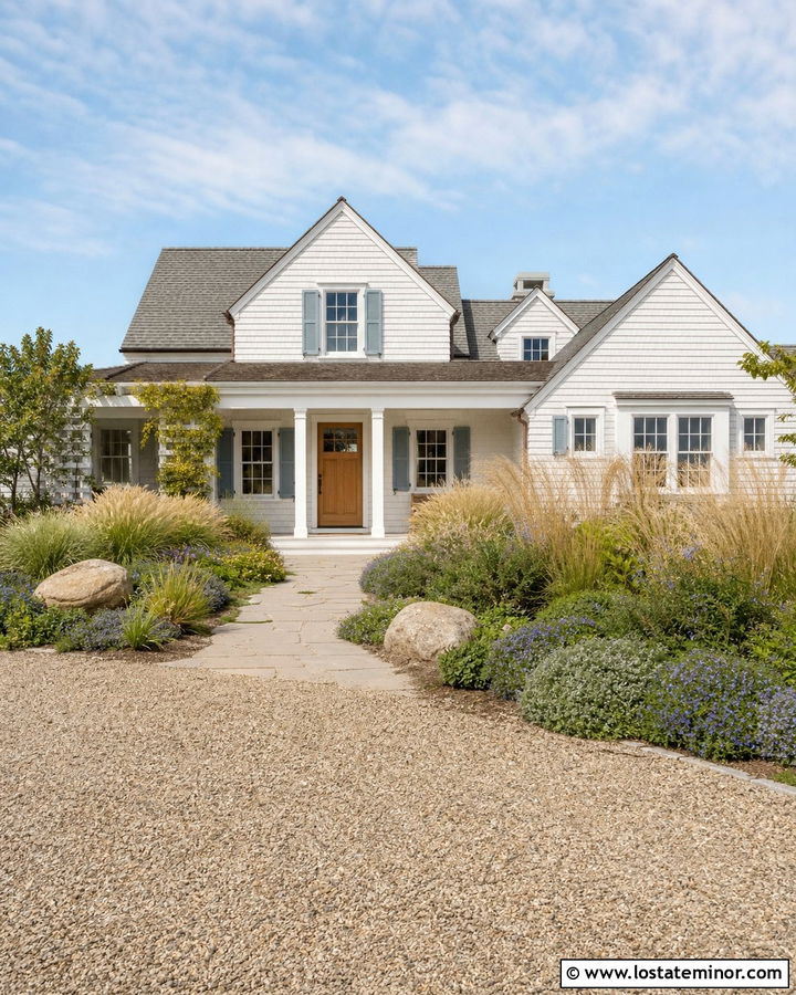 White Coastal House With Ornamental Grasses - 30 White House Design With Front Yard Ideas