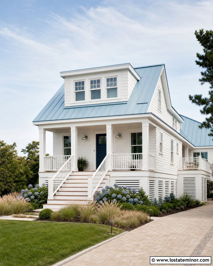 White Coastal House With Pale Blue Roof - 30 White House Design With Roof Ideas