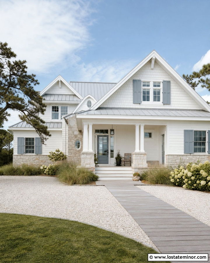 White Coastal House With Pale Stone Wainscoting - 30 White House Design With Wainscoting Ideas
