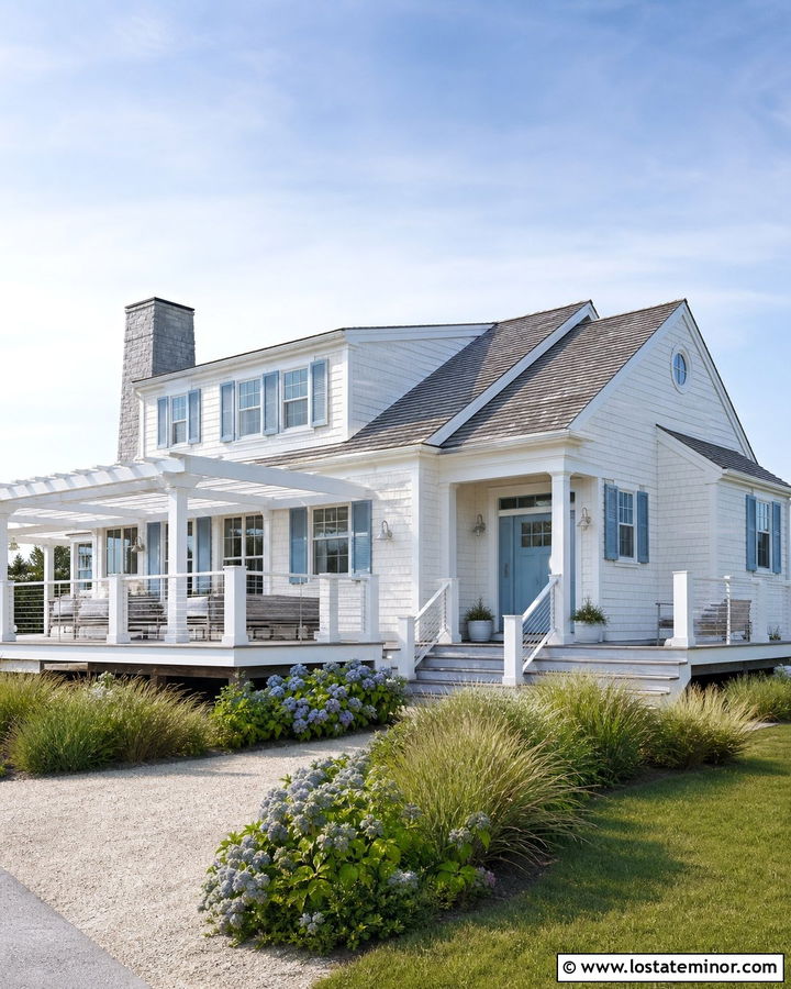 White Coastal House With Pergola Deck - 30 White House Design With Pergola Ideas