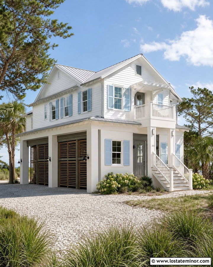 White Coastal House With Raised Carport - 30 White House Design With Carport Ideas