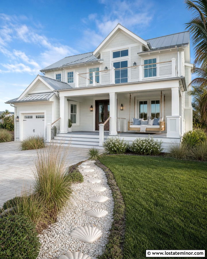 White Coastal House With Rope Swing Bed - 30 White House Design With Swing Ideas