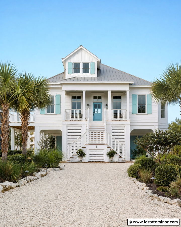 White Coastal House With Shell Driveway - 30 White House Design With Driveway Ideas