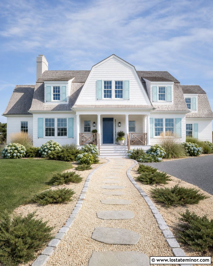White Coastal House With Shell Gravel Walkway - 30 White House Design With Walkway Ideas