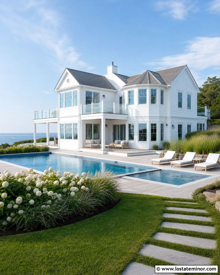 White Coastal House With Swimming Pool And Deck - 30 White House Design With Swimming Pool Ideas