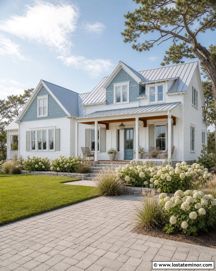 White Coastal Siding With Dusty Blue Accents - 30 White House Design With Siding Ideas