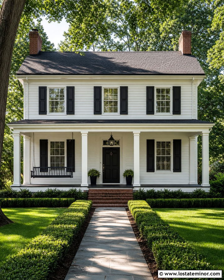 White Colonial House With Black Porch Swing - 30 White House Design With Swing Ideas