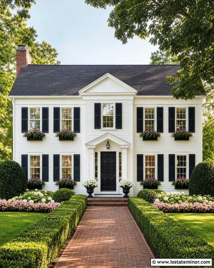 White Colonial House With Black Window Boxes - 30 White House Design With Window Boxes Ideas