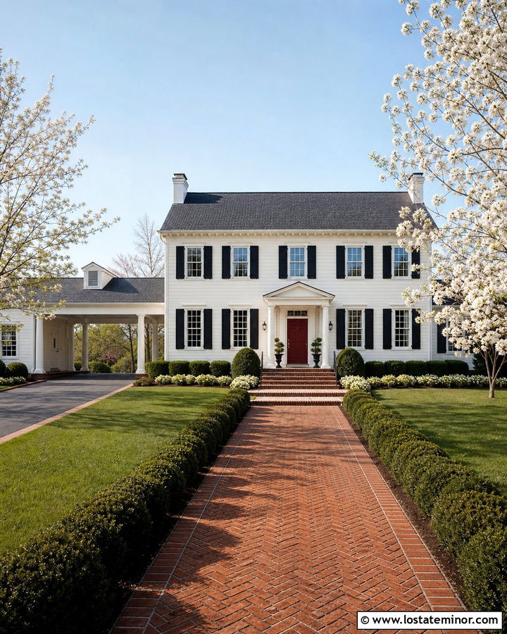 White Colonial House With Breezeway Carport - 30 White House Design With Carport Ideas