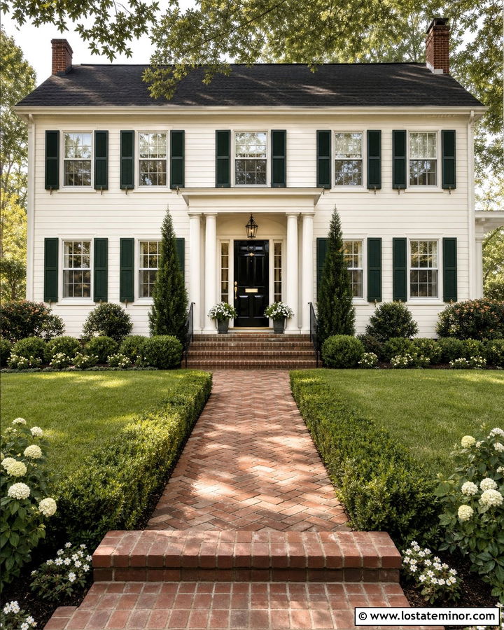 White Colonial House With Brick Walkway - 30 White House Design With Front Yard Ideas