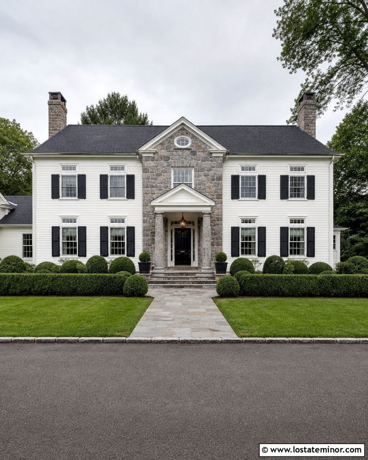 White Colonial House With Fieldstone Entry - 30 White House Design With Stone Accents Ideas