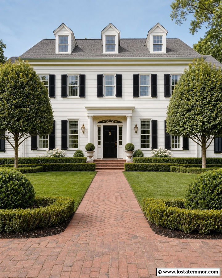 White Colonial House With Formal Landscaping - 30 White House Design With Landscaping Ideas