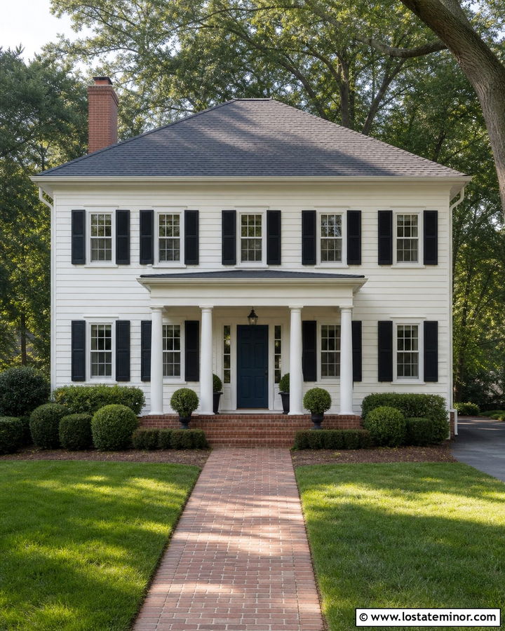 White Colonial House With Gray Hip Roof - 30 White House Design With Roof Ideas