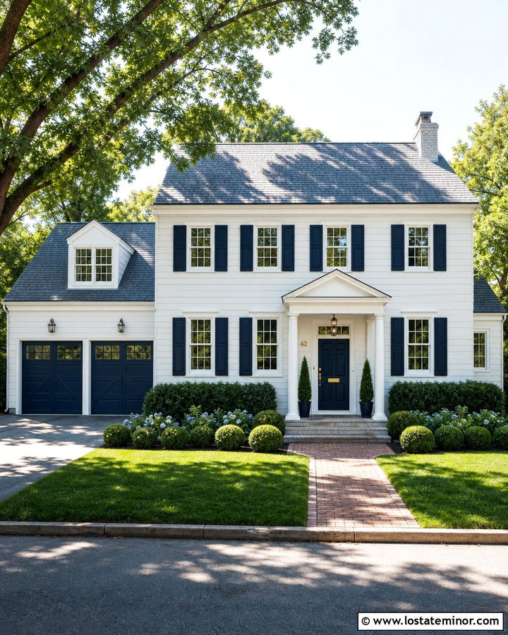 White Colonial House With Navy Garage Doors - 30 White House Design With Garage Door Ideas