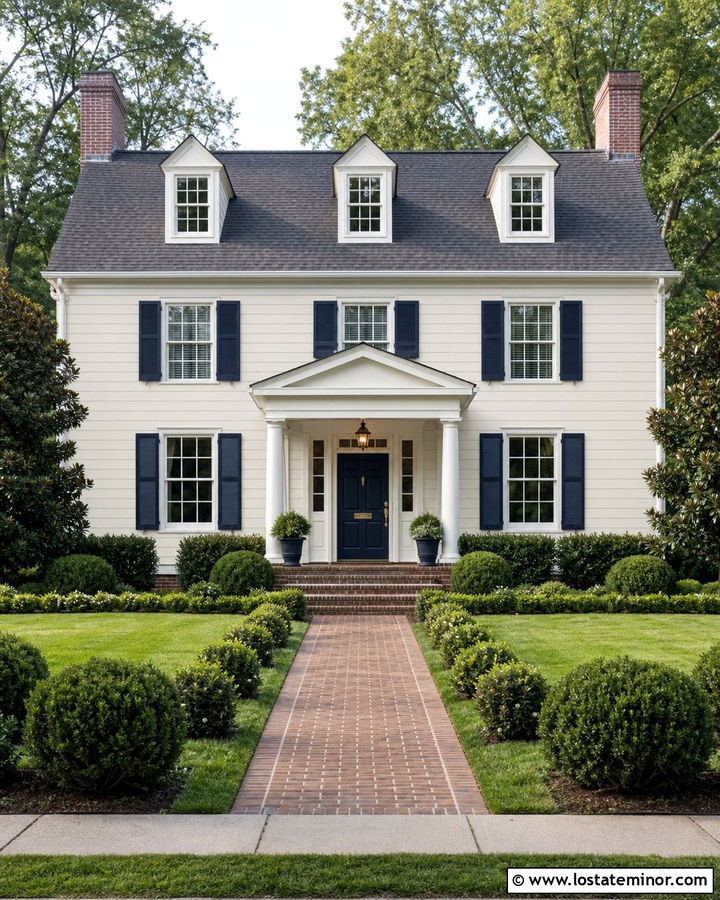 White Colonial House With Navy Trim - 30 White House Design With Trim Ideas