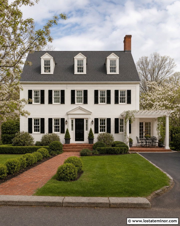 White Colonial House With Side Pergola - 30 White House Design With Pergola Ideas