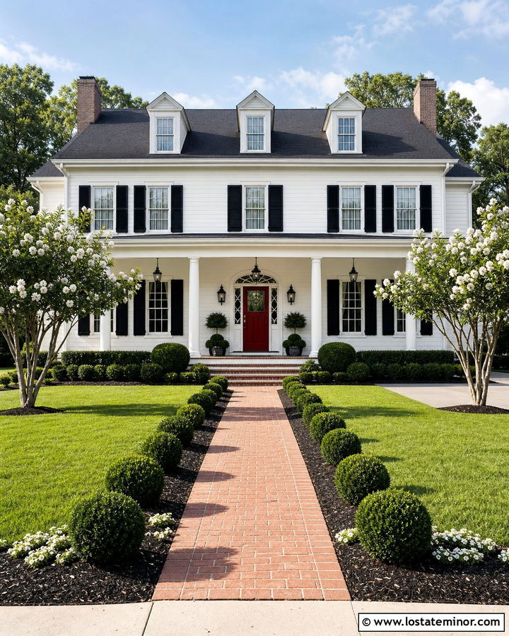 White Colonial House With White Ceiling And Red Door - 30 White House Design With Porch Ceiling Ideas