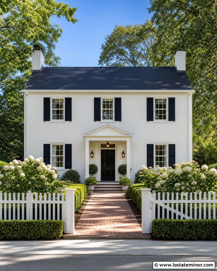 White Colonial House With White Picket Fence - 30 White House Design With Fence Ideas